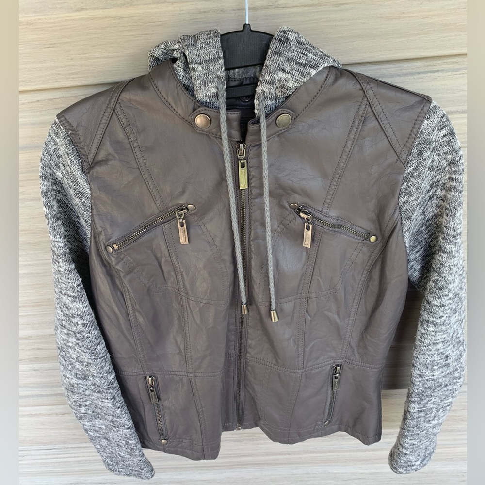 Faux leather jacket with knit sleeves